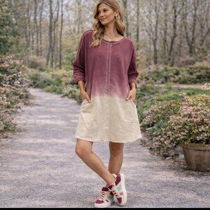 NEW Umgee Sweatshirt Dress 3/4 Sleeve Casual Pocket Dress Small Dip Dye